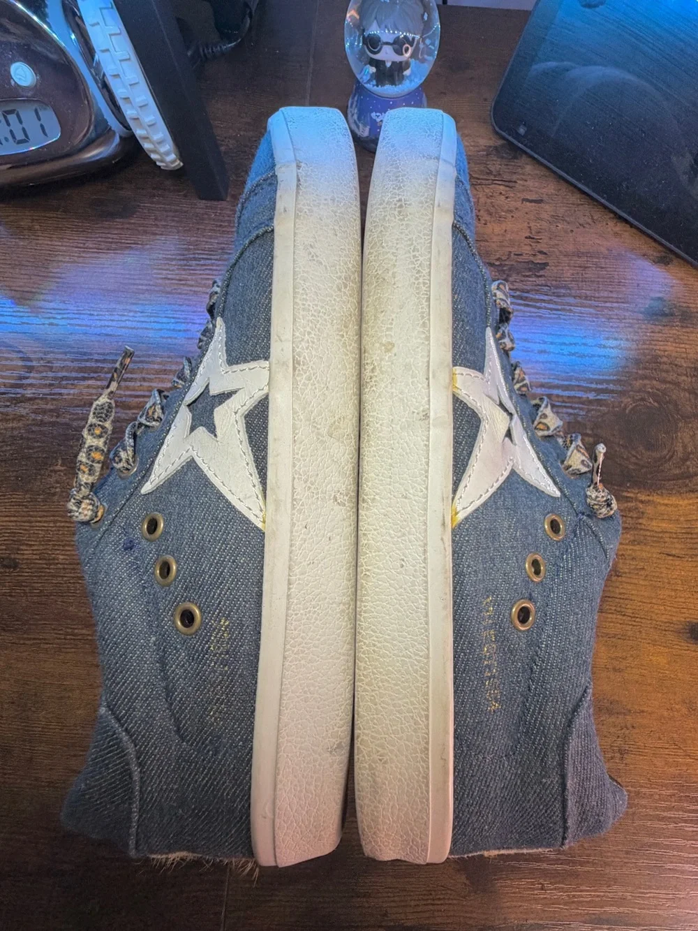 Vintage Denim Star Sneakers with Leopard Laces